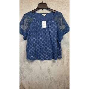 Lucky Brand NEW Women Blouse Top XL Blue Short Sleeve Floral Stretch